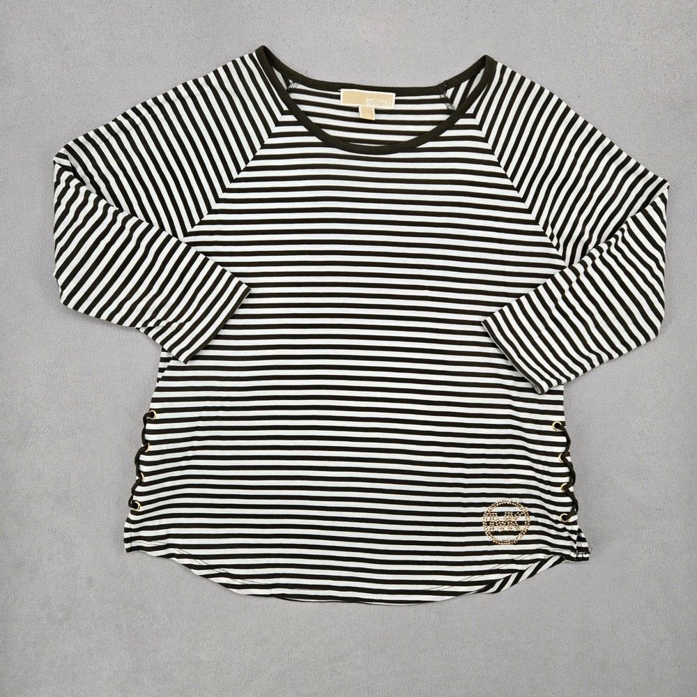Michael Kors Womens Large Top Striped Lace Up Side Studded Logo Raglan Olive